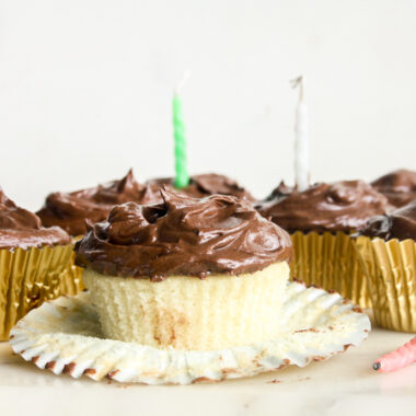 Perfect moist yellow cake cupcakes with a silky chocolate frosting