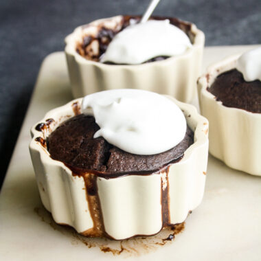 Moist chocolate whiskey puddings with a caramel sauce created as the puddings bake!