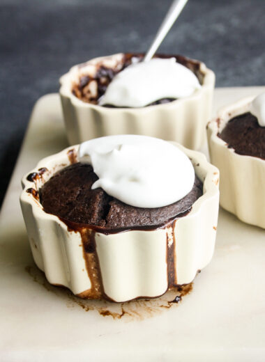 Moist chocolate whiskey puddings with a caramel sauce created as the puddings bake!