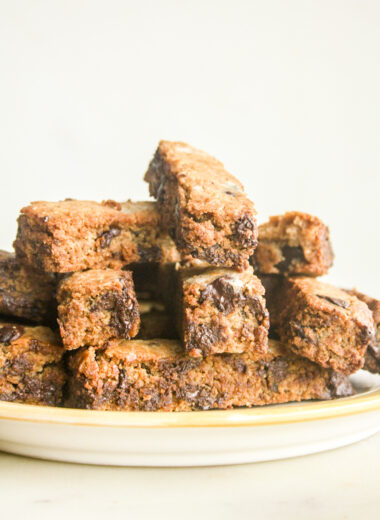 Crunchy yet tender eggless biscotti with peanut butter and melty chocolate chips