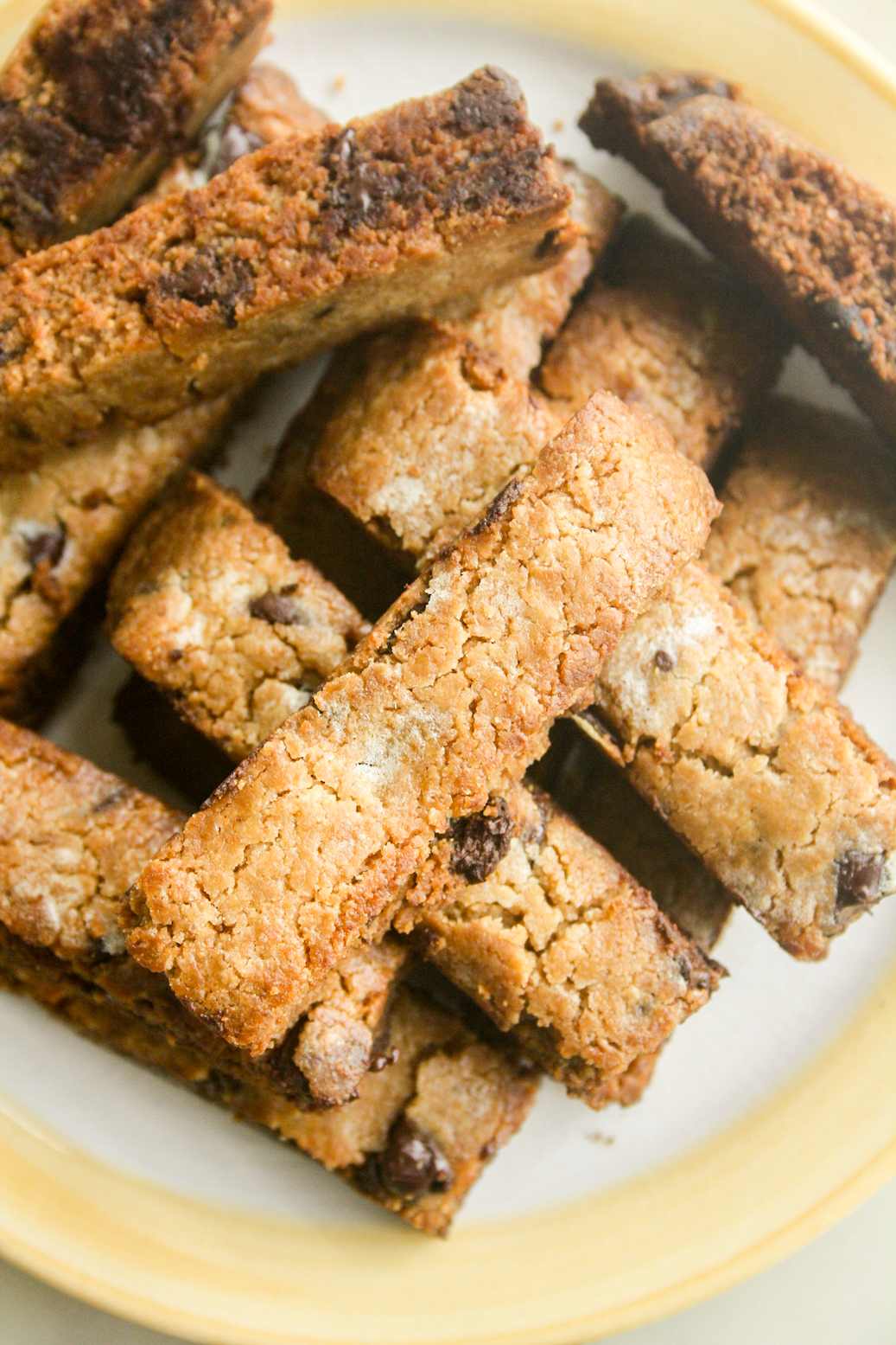 Crunchy yet tender eggless biscotti with peanut butter and melty chocolate chips