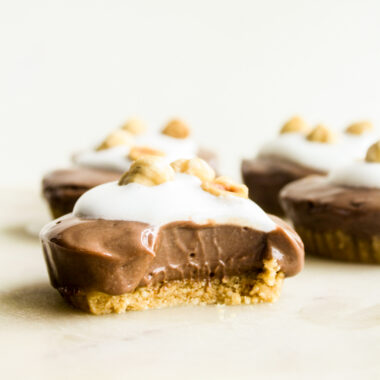 Creamy, no-bake Nutella cheesecakes on a toasted hazelnut crust