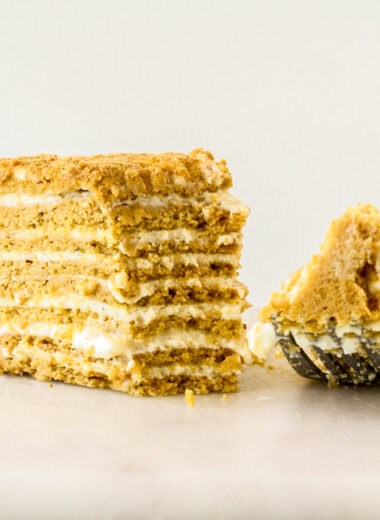 A delicious sweet and tangy cake with spiced biscuits and a sour cream frosting!