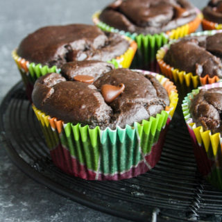 Moist, eggless chocolate banana muffins with peanut butter and no added sugar or fat.
