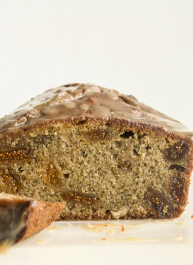 Moist fig and walnut cake with spices and a brown sugar glaze