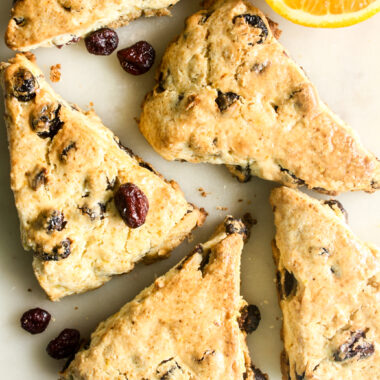 Tender, eggless scones packed with orange zest and cranberries.