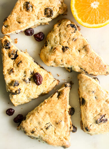 Tender, eggless scones packed with orange zest and cranberries.