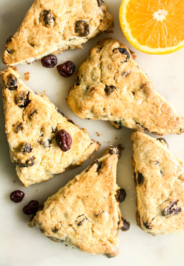 Tender, eggless scones packed with orange zest and cranberries.