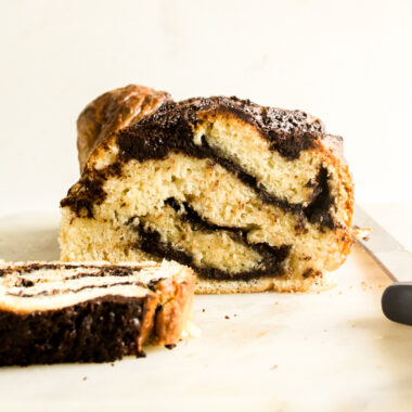 Soft, rich, tender babka with a dark chocolate filling