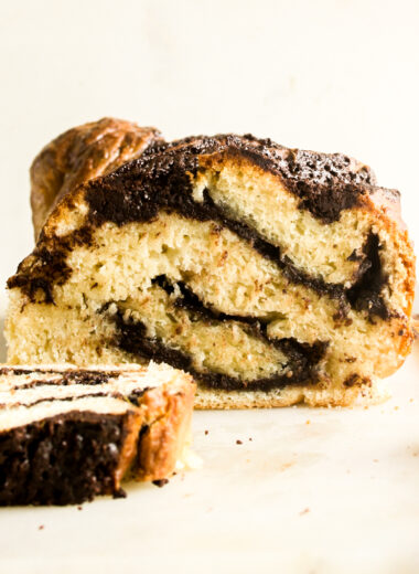 Soft, rich, tender babka with a dark chocolate filling