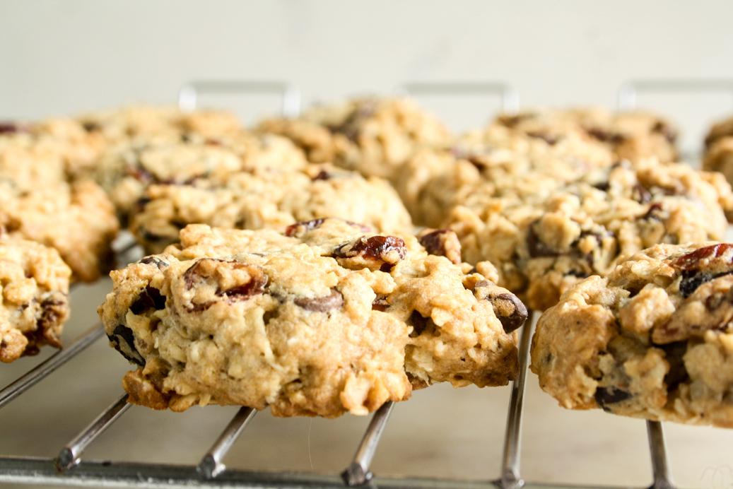 Chunky, chewy oat cookies with chocolate chips, walnuts and dried cranberries