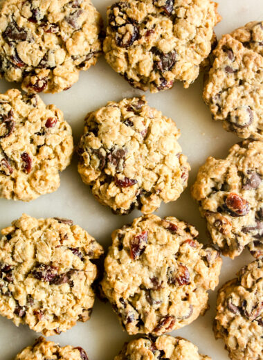 Chunky, chewy oat cookies with chocolate chips, walnuts and dried cranberries