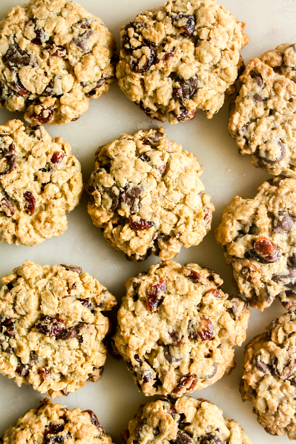 Chunky, chewy oat cookies with chocolate chips, walnuts and dried cranberries