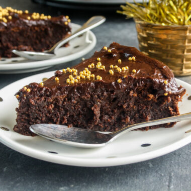 Fudgy, frosted chocolate almond cake with whiskey and orange zest