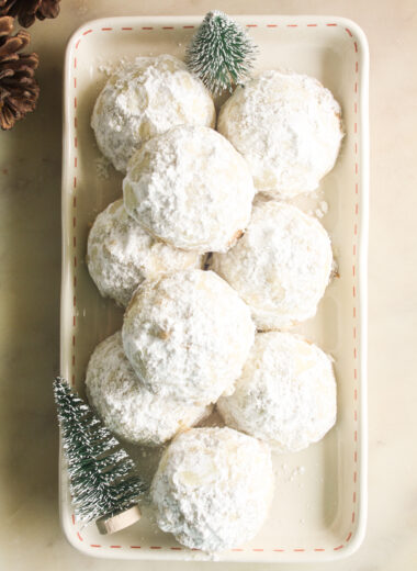 Buttery and crumbly walnut 'snowball' cookies coated in icing sugar