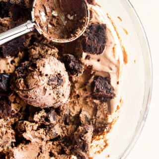 Creamy, chocolatey no-churn ice cream with brownie pieces