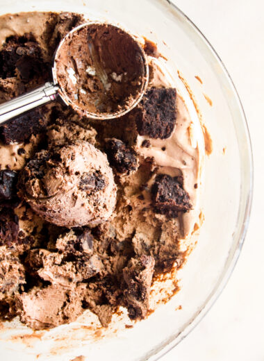 Creamy, chocolatey no-churn ice cream with brownie pieces