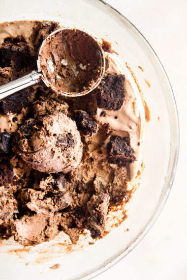Creamy, chocolatey no-churn ice cream with brownie pieces