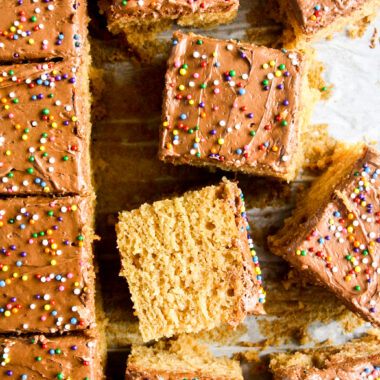 Super moist and easy peanut butter cake frosted with creamy whipped chocolate ganache