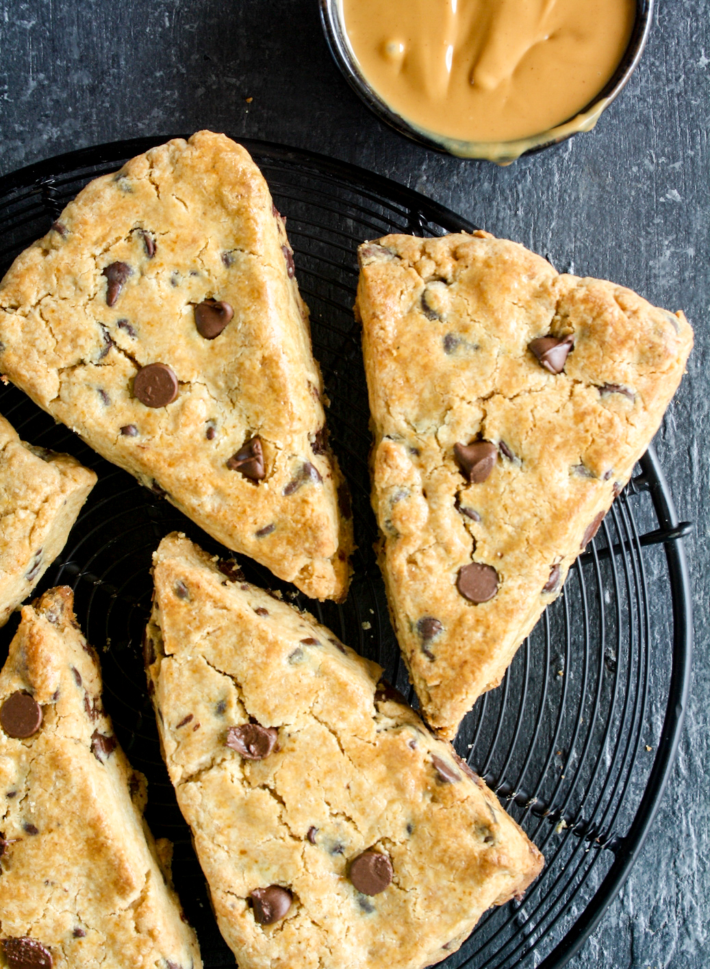 Tender crumbly peanut butter scones with melty chocolate chips