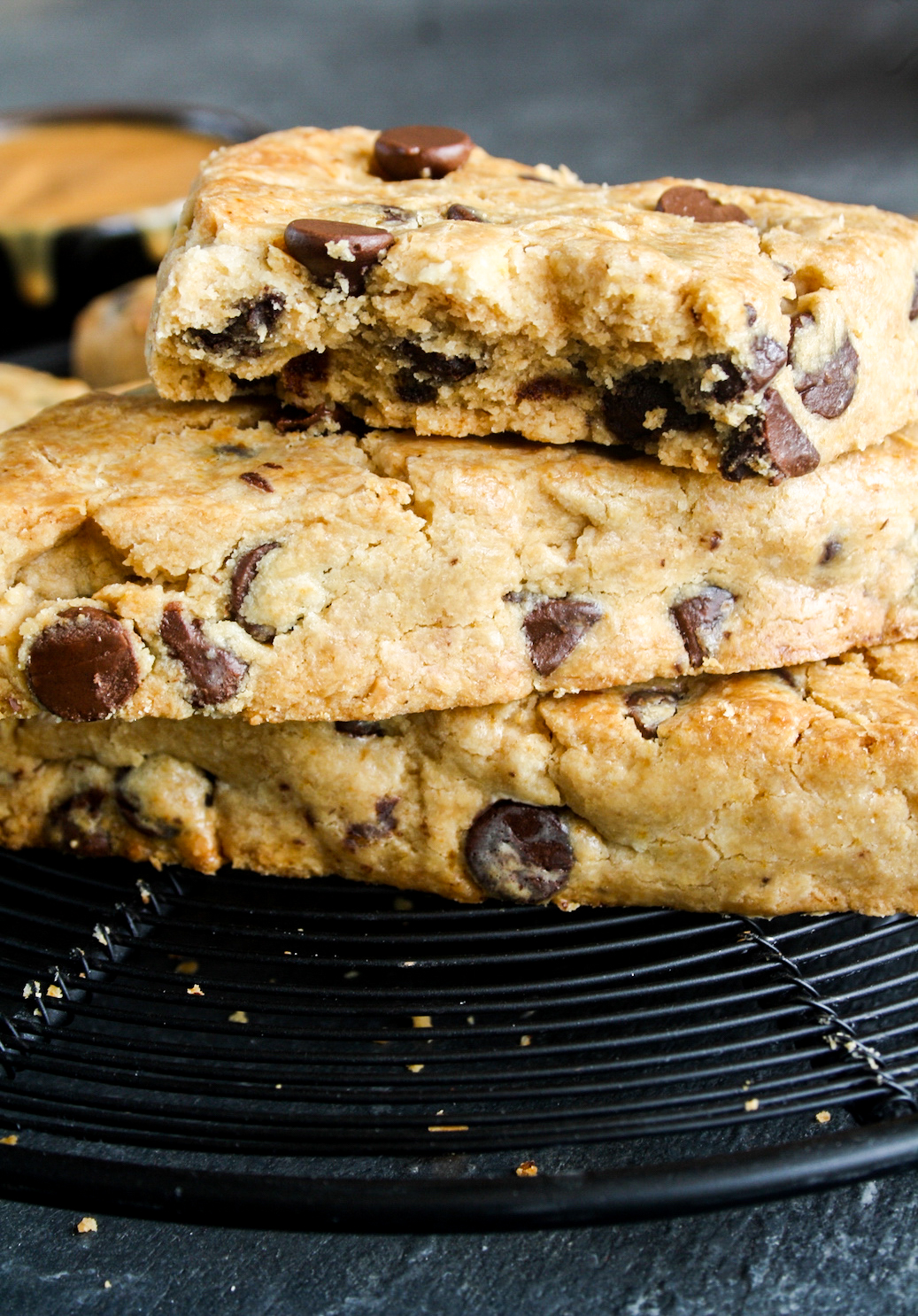 Tender crumbly peanut butter scones with melty chocolate chips