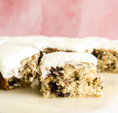 Soft banana cake with walnuts, chocolate chips and cream cheese frosting