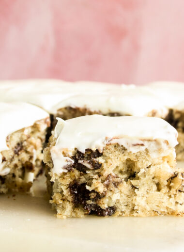 Soft banana cake with walnuts, chocolate chips and cream cheese frosting