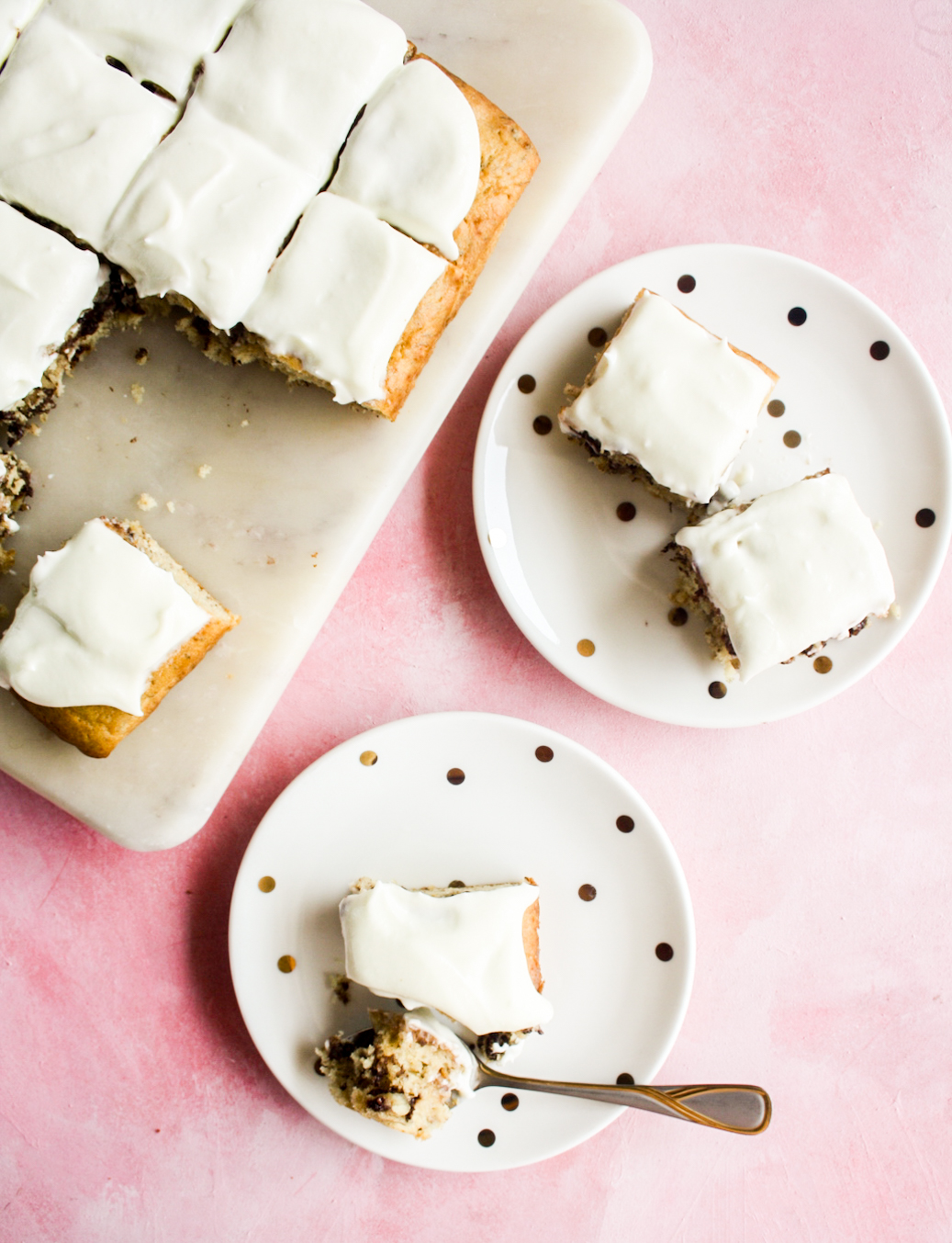 Soft banana cake with walnuts, chocolate chips and cream cheese frosting