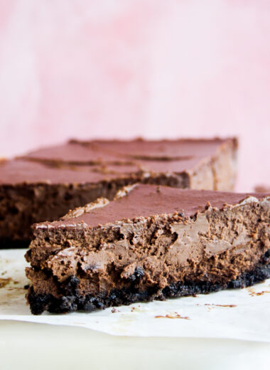 Creamy, baked small-batch chocolate cheesecake on an Oreo crust