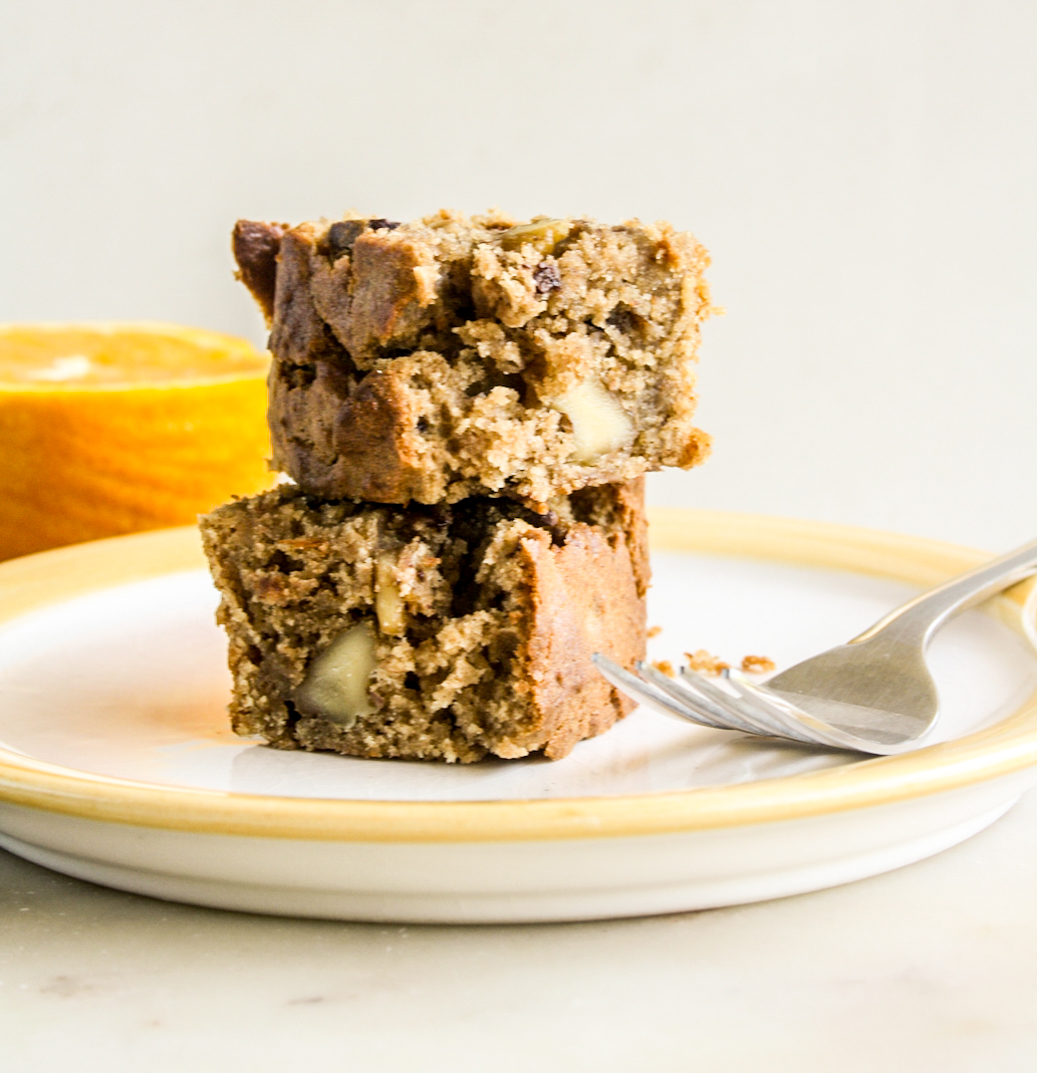 Rye loaf cake with orange zest, walnuts and chocolate chips