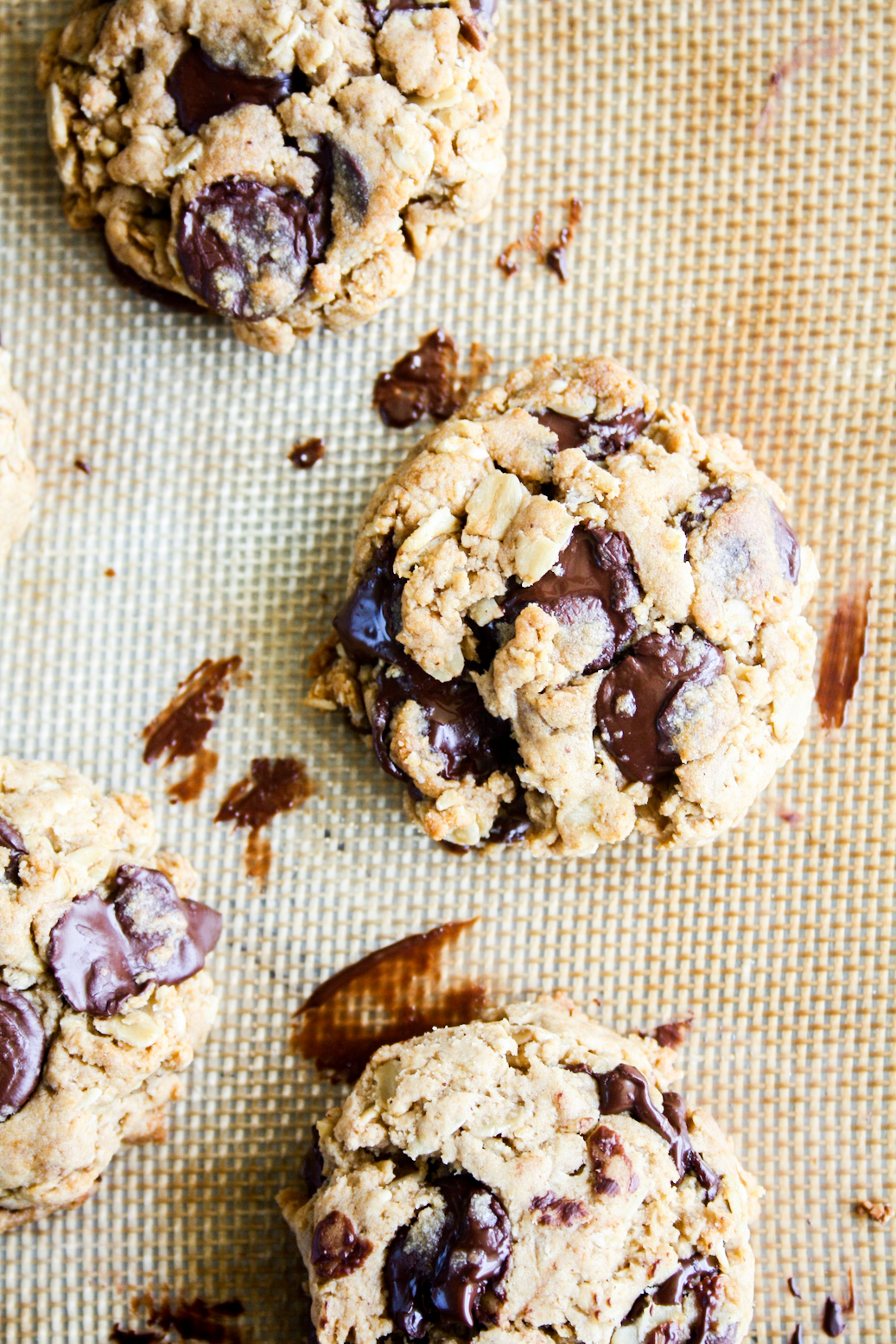 Chewy wholewheat chocolate chip cookies with rolled oats and no eggs