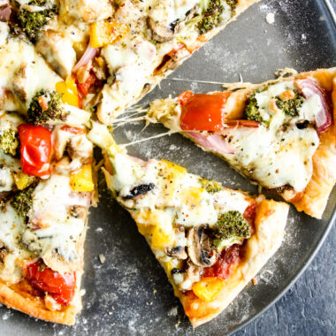 Chewy, slow-rise pizza dough with roasted mushrooms and veggies