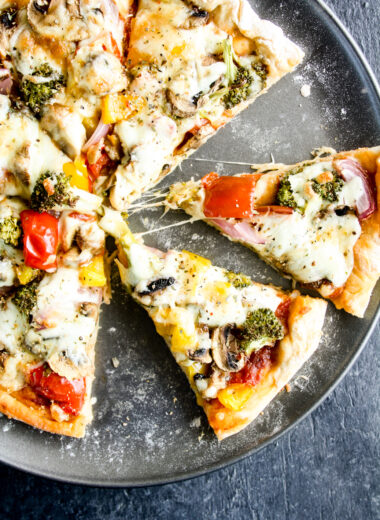 Chewy, slow-rise pizza dough with roasted mushrooms and veggies