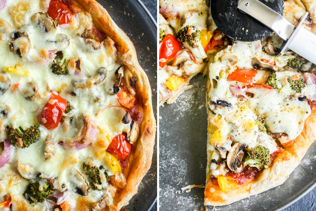 Chewy, slow-rise pizza dough with roasted mushrooms and veggies