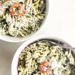 Wholewheat pasta with an easy pesto, sautéed mushrooms and burst cherry tomatoes