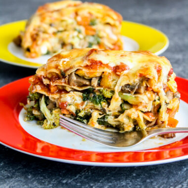 An easy, cheesy lasagna with spinach, mushrooms, zucchini, carrots and broccoli