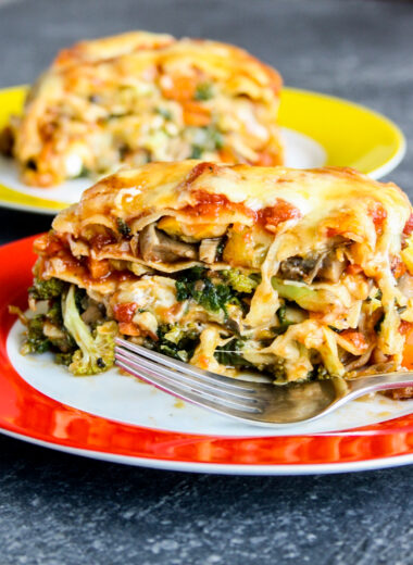 An easy, cheesy lasagna with spinach, mushrooms, zucchini, carrots and broccoli