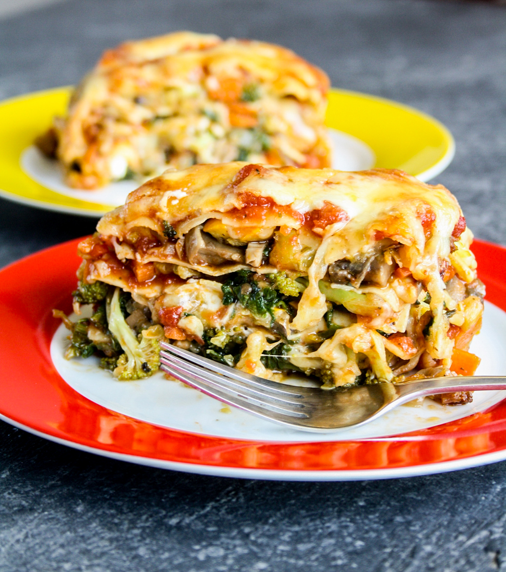 An easy, cheesy lasagna with spinach, mushrooms, zucchini, carrots and broccoli