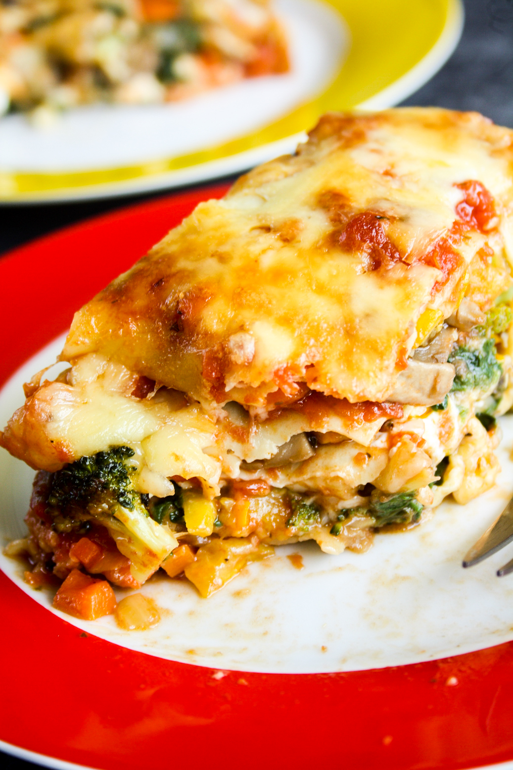 An easy, cheesy lasagna with spinach, mushrooms, zucchini, carrots and broccoli