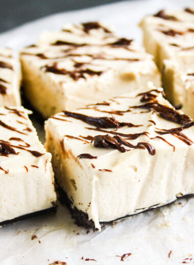 Light and creamy no bake peanut butter cheesecake bars with Oreo Crust