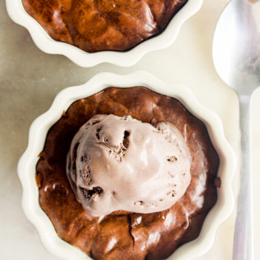 Fudgy, gooey, brownies baked in ramekins for two perfect portions!