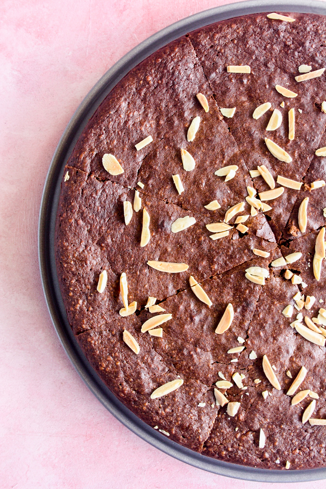 Naturally sweetened fudgy chocolate cake with almonds and bananas