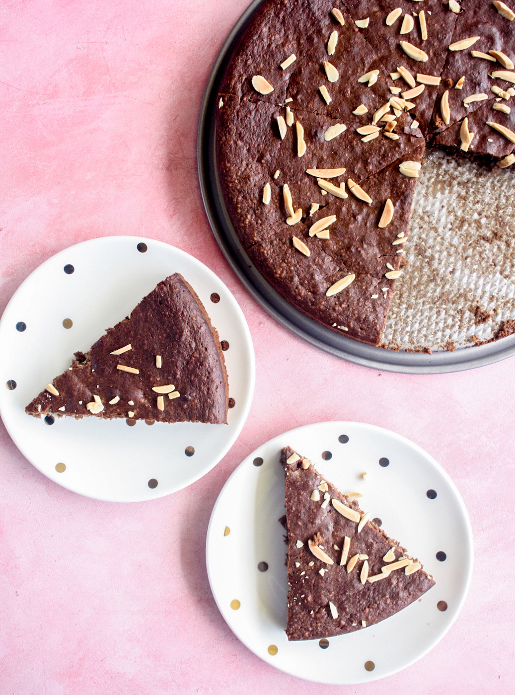 Naturally sweetened fudgy chocolate cake with almonds and bananas