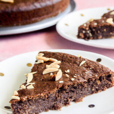 Naturally sweetened fudgy chocolate cake with almonds and bananas