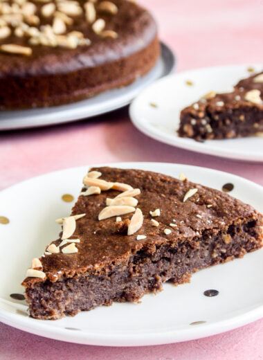 Naturally sweetened fudgy chocolate cake with almonds and bananas