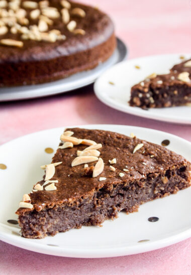 Naturally sweetened fudgy chocolate cake with almonds and bananas