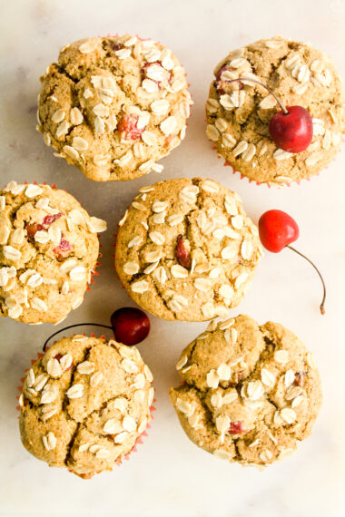 Soft and moist cornmeal muffins with fresh cherries