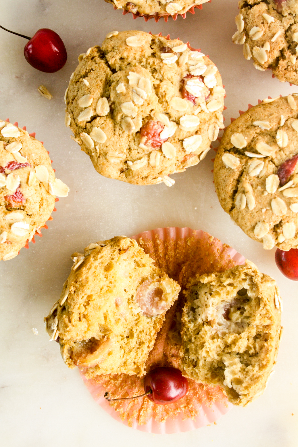 Soft and moist cornmeal muffins with fresh cherries