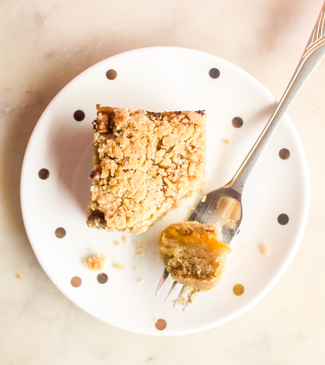Buttery, soft shortbread bars with peach filling and crumble topping