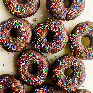 Fried, yeasted chocolate donuts with cocoa glaze